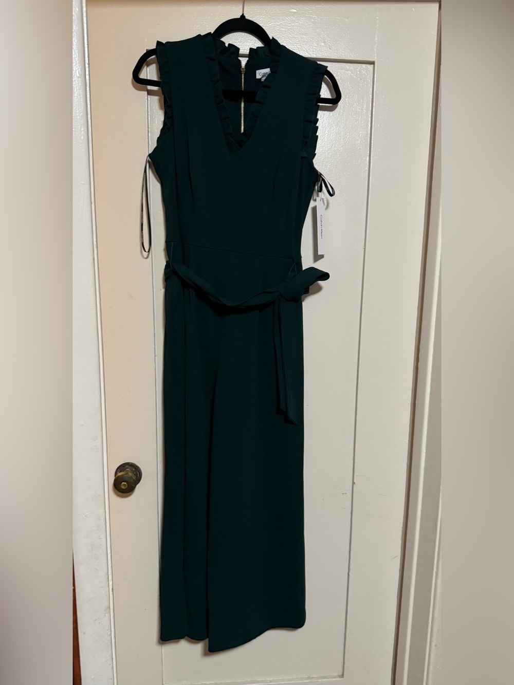 Calvin Klein Dark Green Sleeveless Ruffle-Trim Maxi Dress